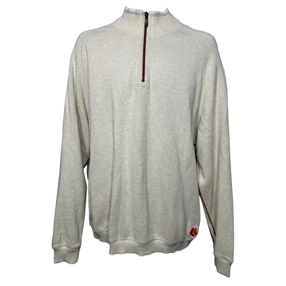 Tommy Bahama Men's Large Red Sox‎ 1/4 Zip Cream Pullover Sweater Knit MLB Cotton